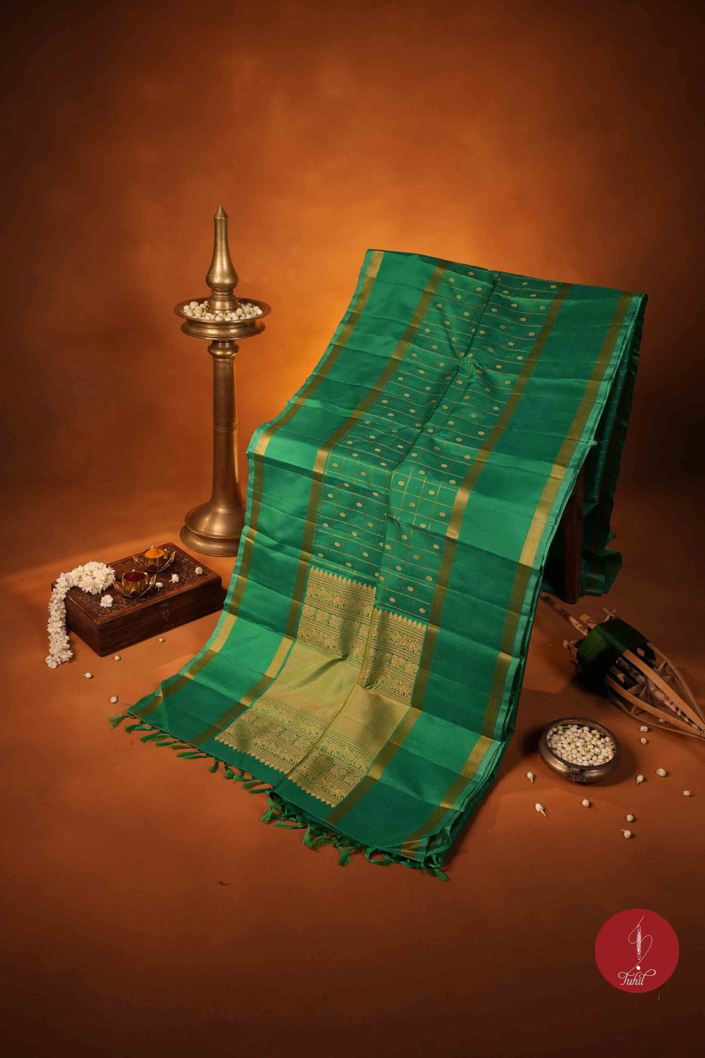 Pure Silk Pure Zari Handloom Kanchipuram Saree - Light Forest Green with Dull Gold - House of Tuhil