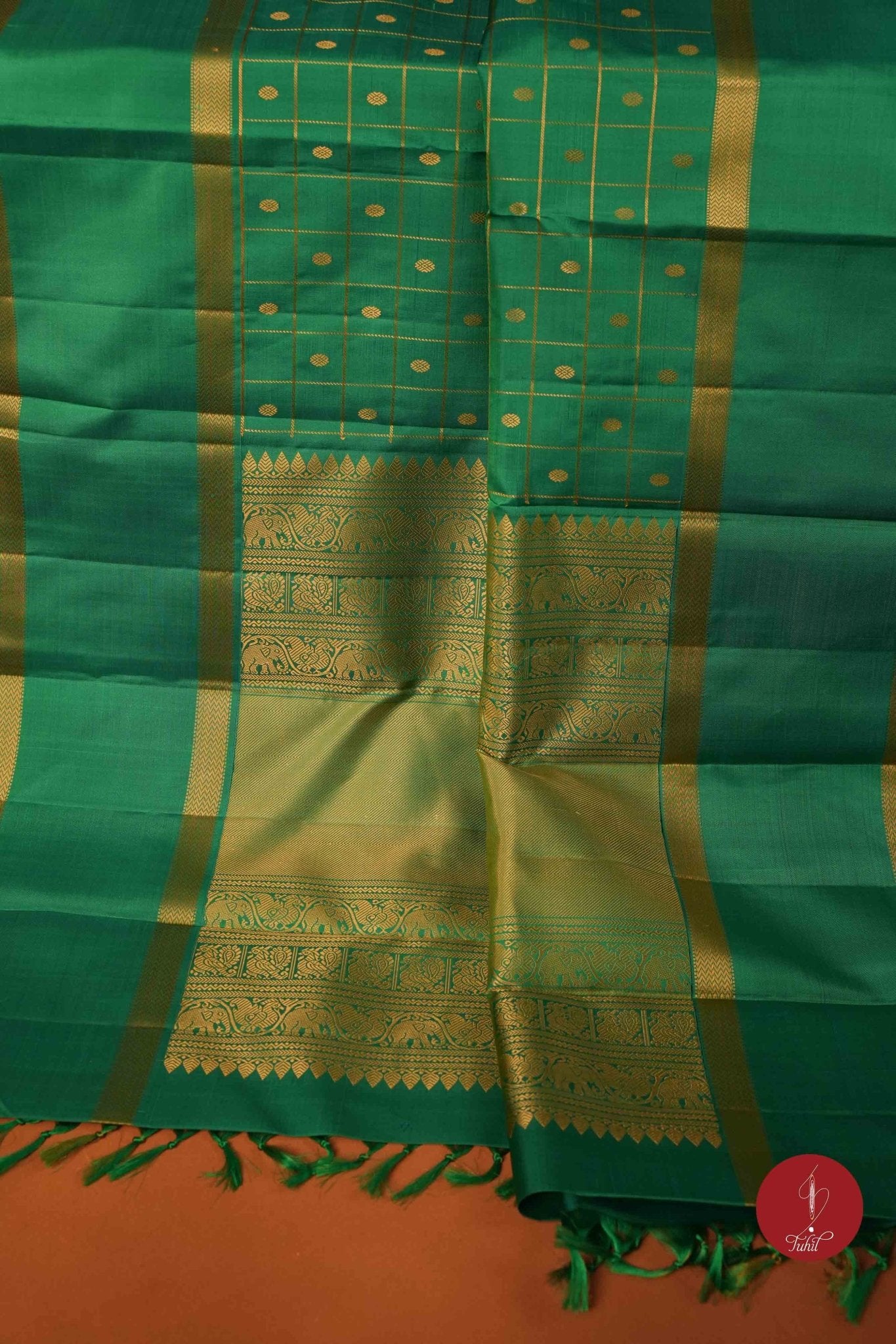 Pure Silk Pure Zari Handloom Kanchipuram Saree - Light Forest Green with Dull Gold - House of Tuhil