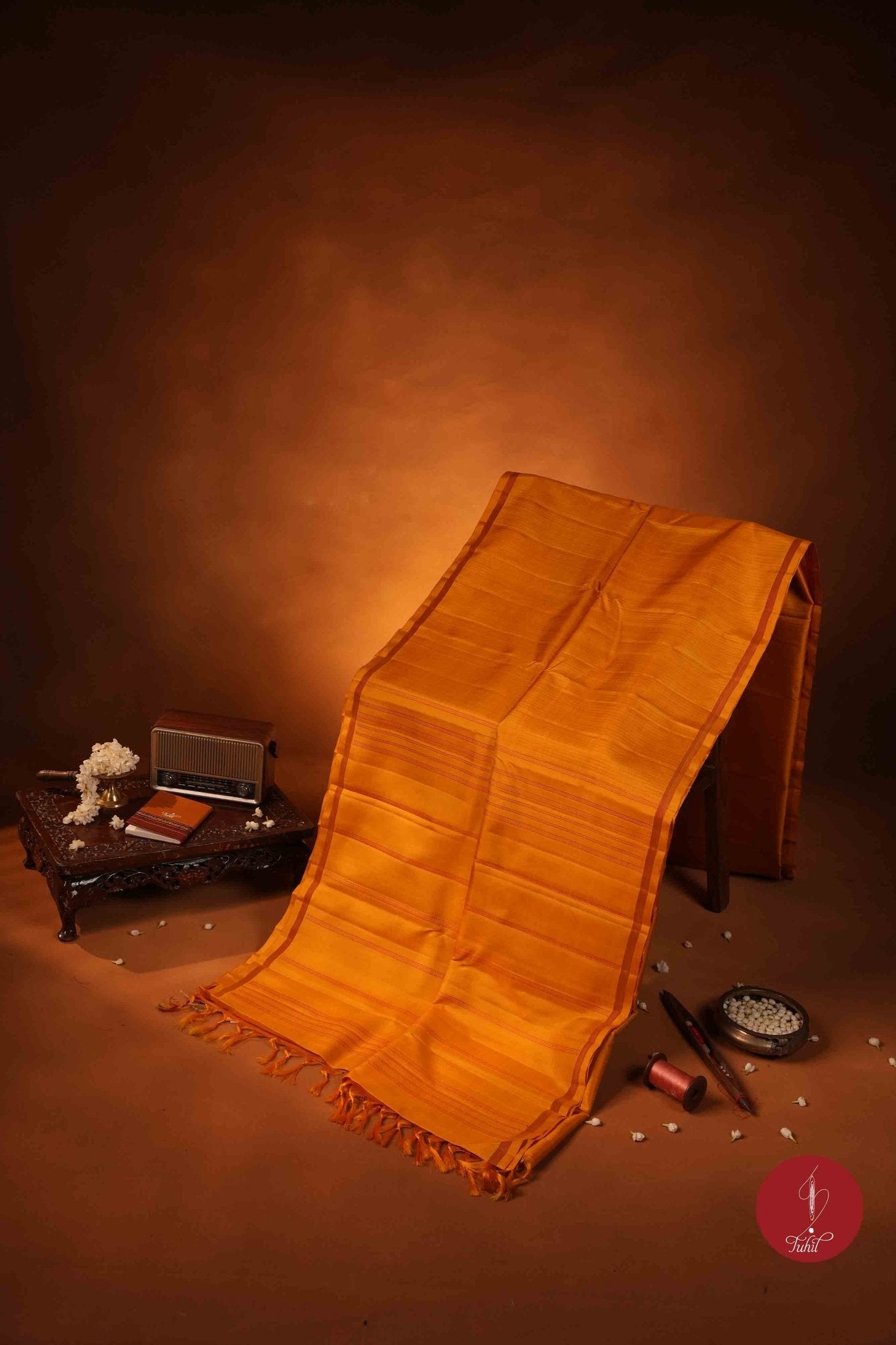 Pure Silk Pure Zari Handloom Kanchipuram Saree - Mustard with Green and Red Muthu Lines - House of Tuhil