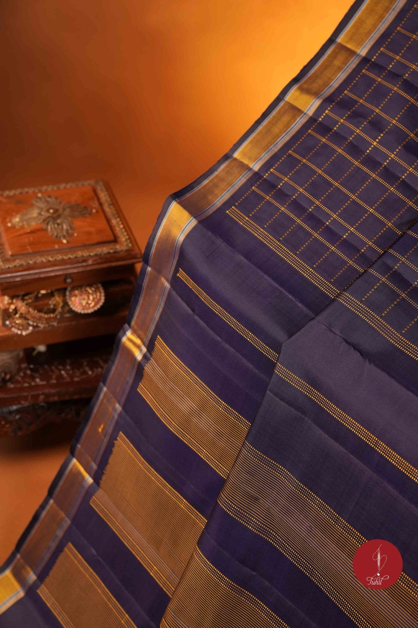 Pure Silk Pure Zari Handloom Kanchipuram Saree - Navy Blue Muthu Kattam - House of Tuhil