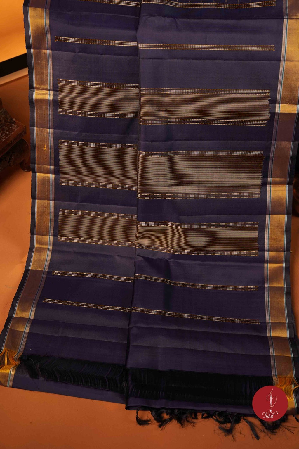 Pure Silk Pure Zari Handloom Kanchipuram Saree - Navy Blue Muthu Kattam - House of Tuhil