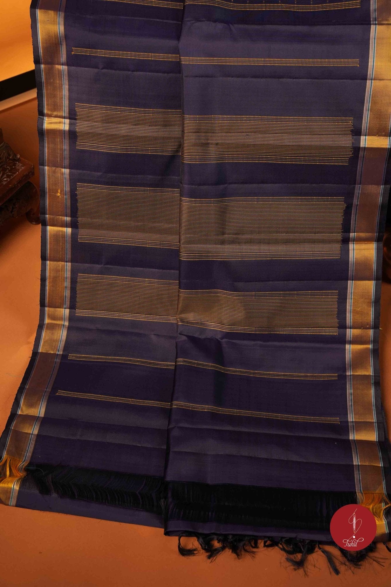 Pure Silk Pure Zari Handloom Kanchipuram Saree - Navy Blue Muthu Kattam - House of Tuhil