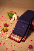 Pure Silk Pure Zari Handloom Kanchipuram Saree - Navy Blue with Deep Maroon - House of Tuhil