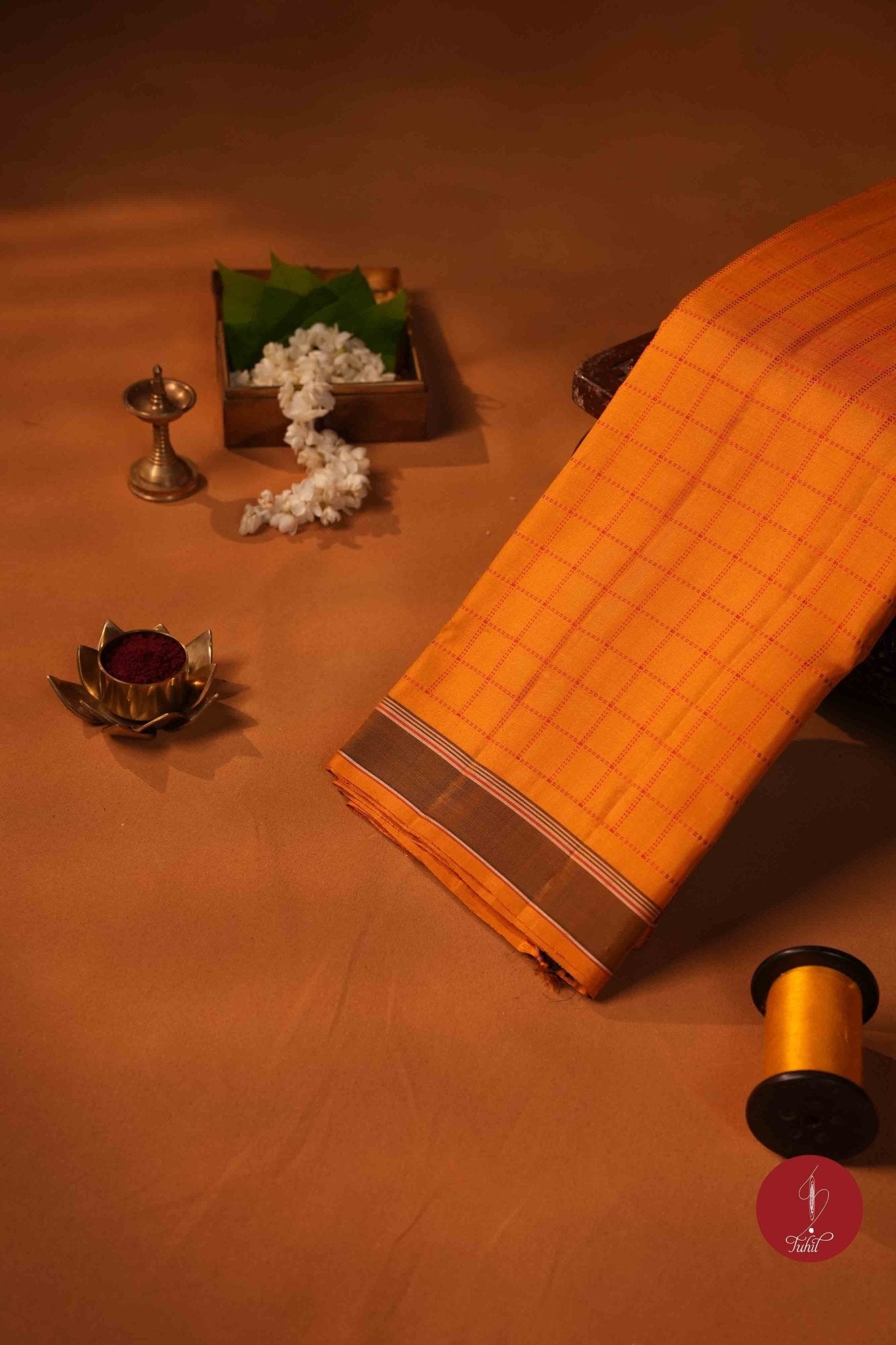 Pure Silk Pure Zari Handloom Kanchipuram Saree - Oil Mustard Muthu Kattam - House of Tuhil