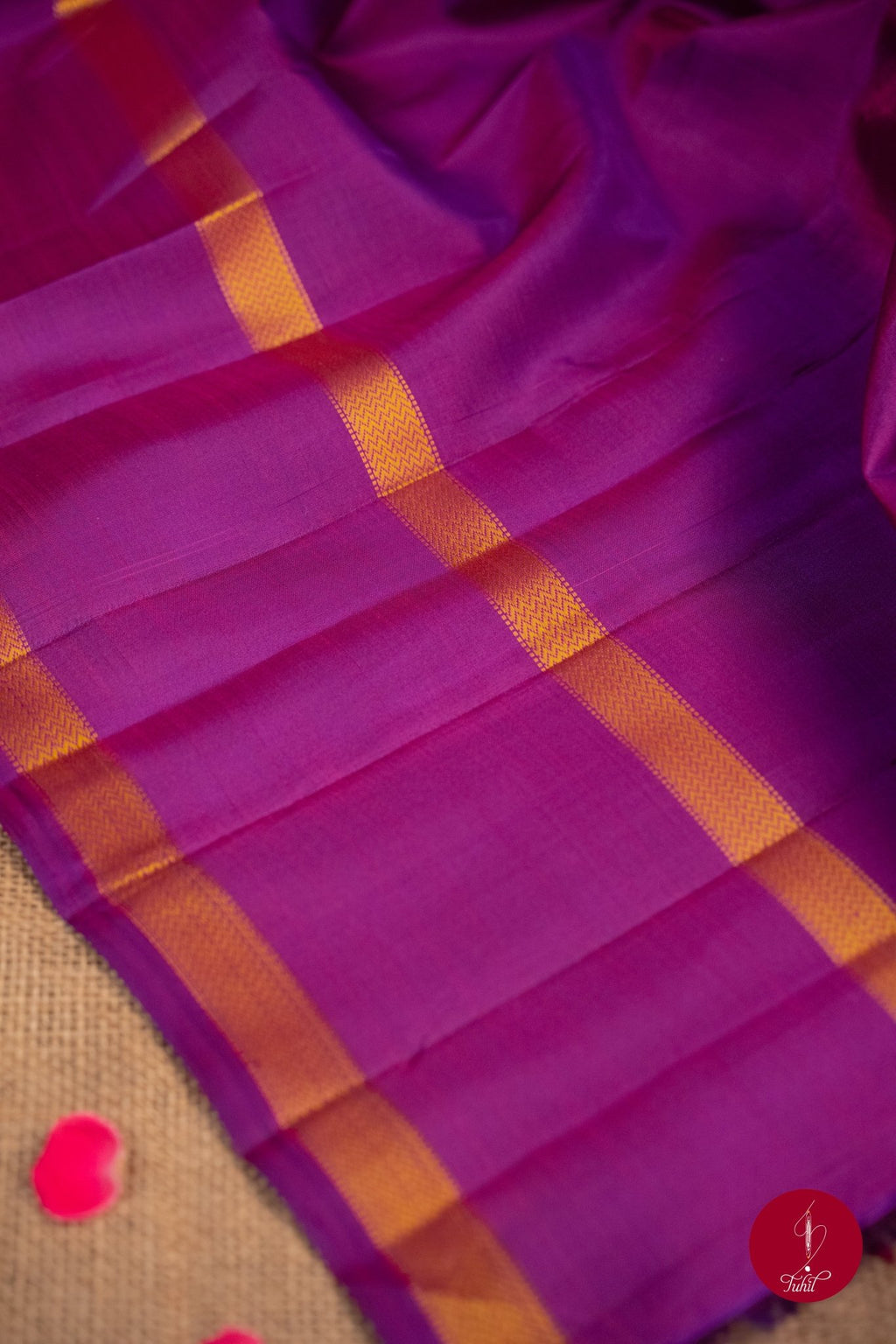 Pure Silk Pure Zari Handloom Kanchipuram Saree - Purple with Dull Gold - House of Tuhil