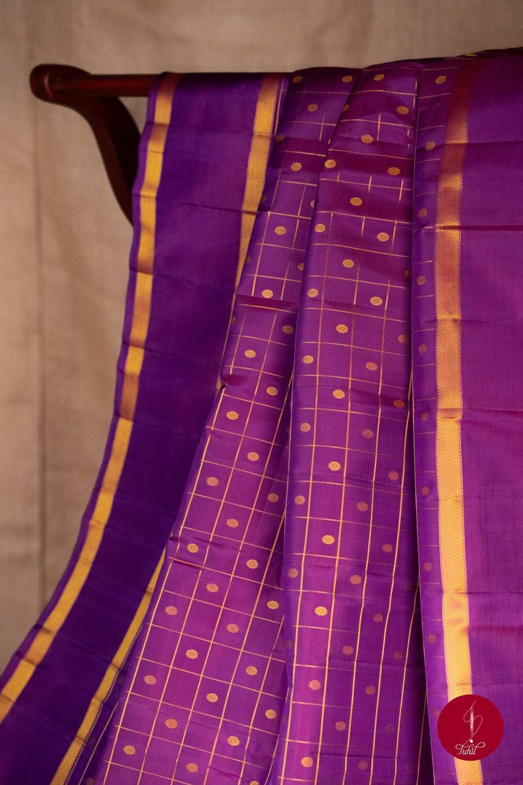 Pure Silk Pure Zari Handloom Kanchipuram Saree - Purple with Dull Gold - House of Tuhil
