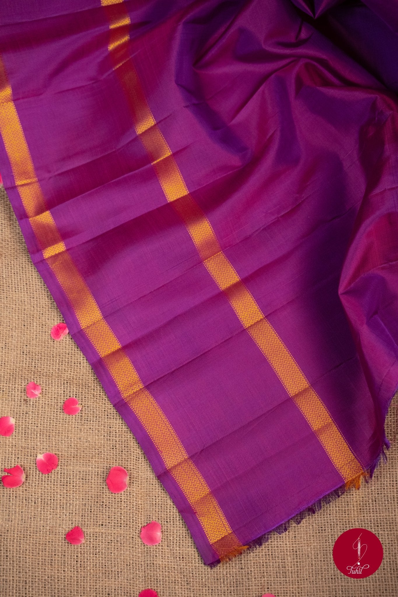 Pure Silk Pure Zari Handloom Kanchipuram Saree - Purple with Dull Gold - House of Tuhil