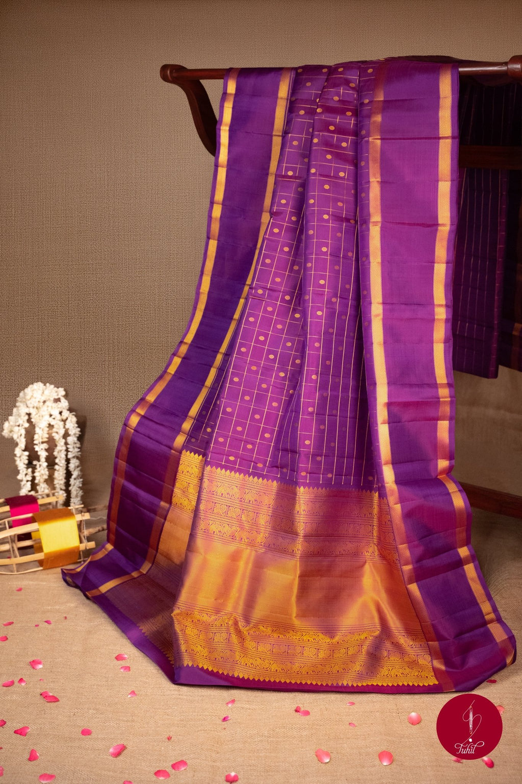 Pure Silk Pure Zari Handloom Kanchipuram Saree - Purple with Dull Gold - House of Tuhil