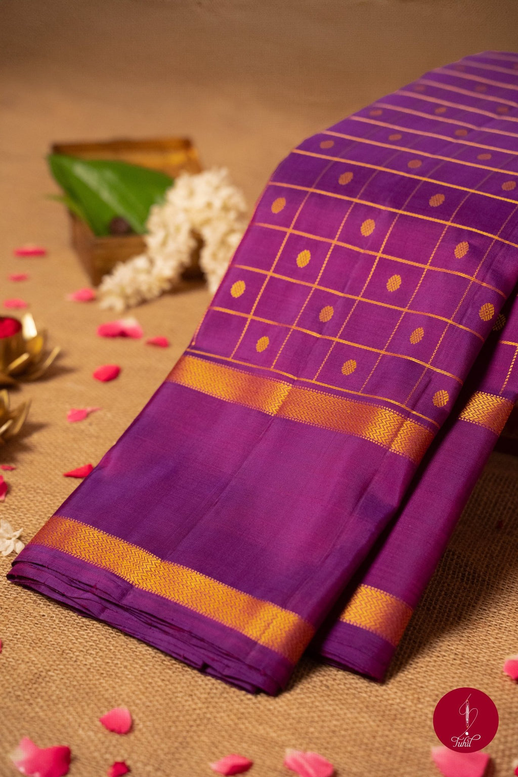 Pure Silk Pure Zari Handloom Kanchipuram Saree - Purple with Dull Gold - House of Tuhil