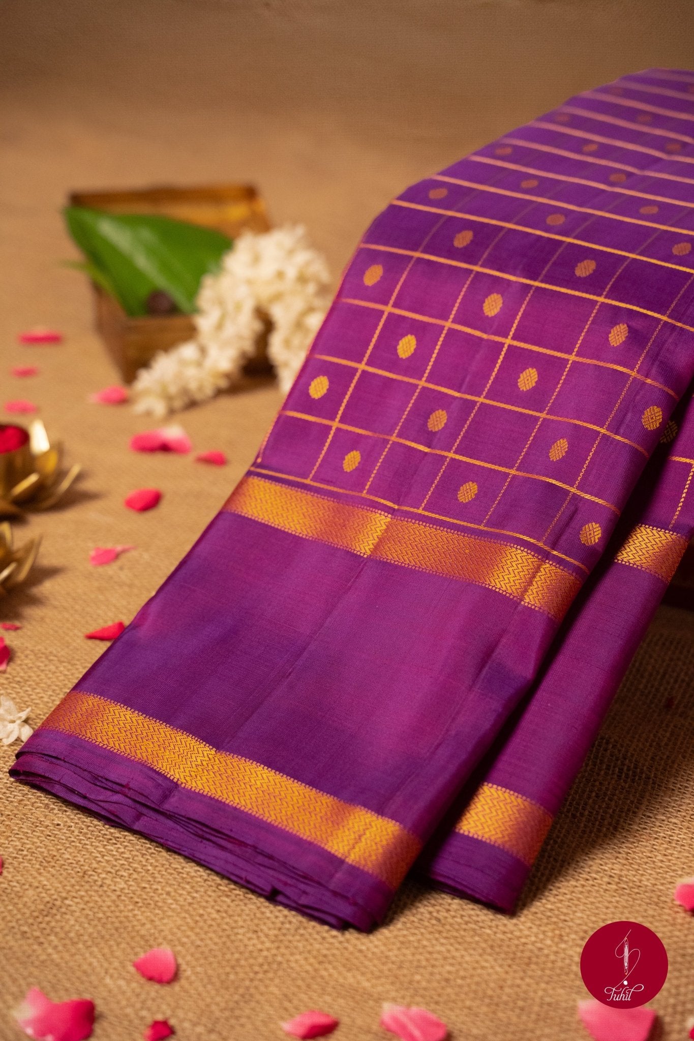Pure Silk Pure Zari Handloom Kanchipuram Saree - Purple with Dull Gold - House of Tuhil