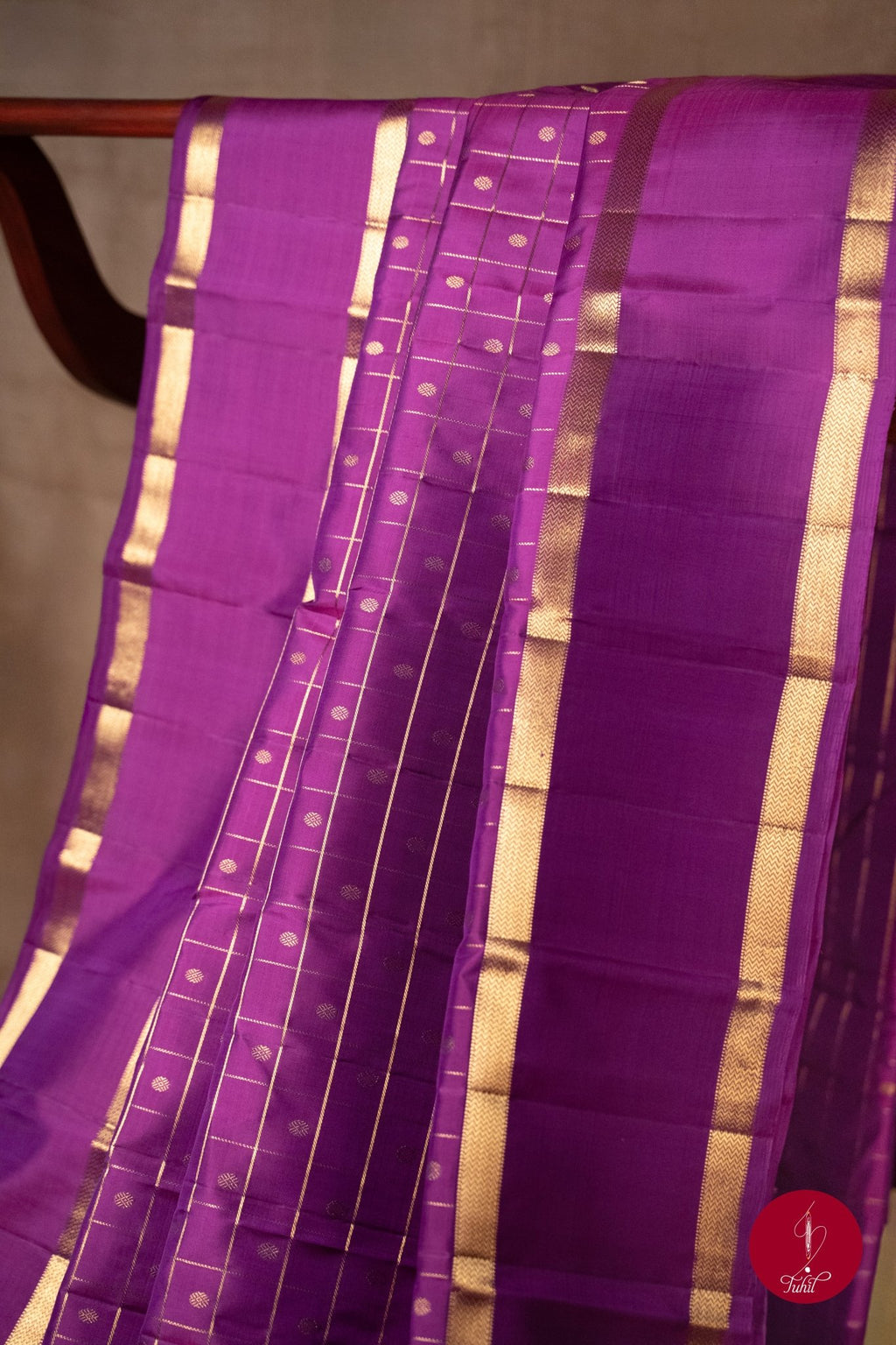 Pure Silk Pure Zari Handloom Kanchipuram Saree - Purple with Gold Rettai Pettu - House of Tuhil