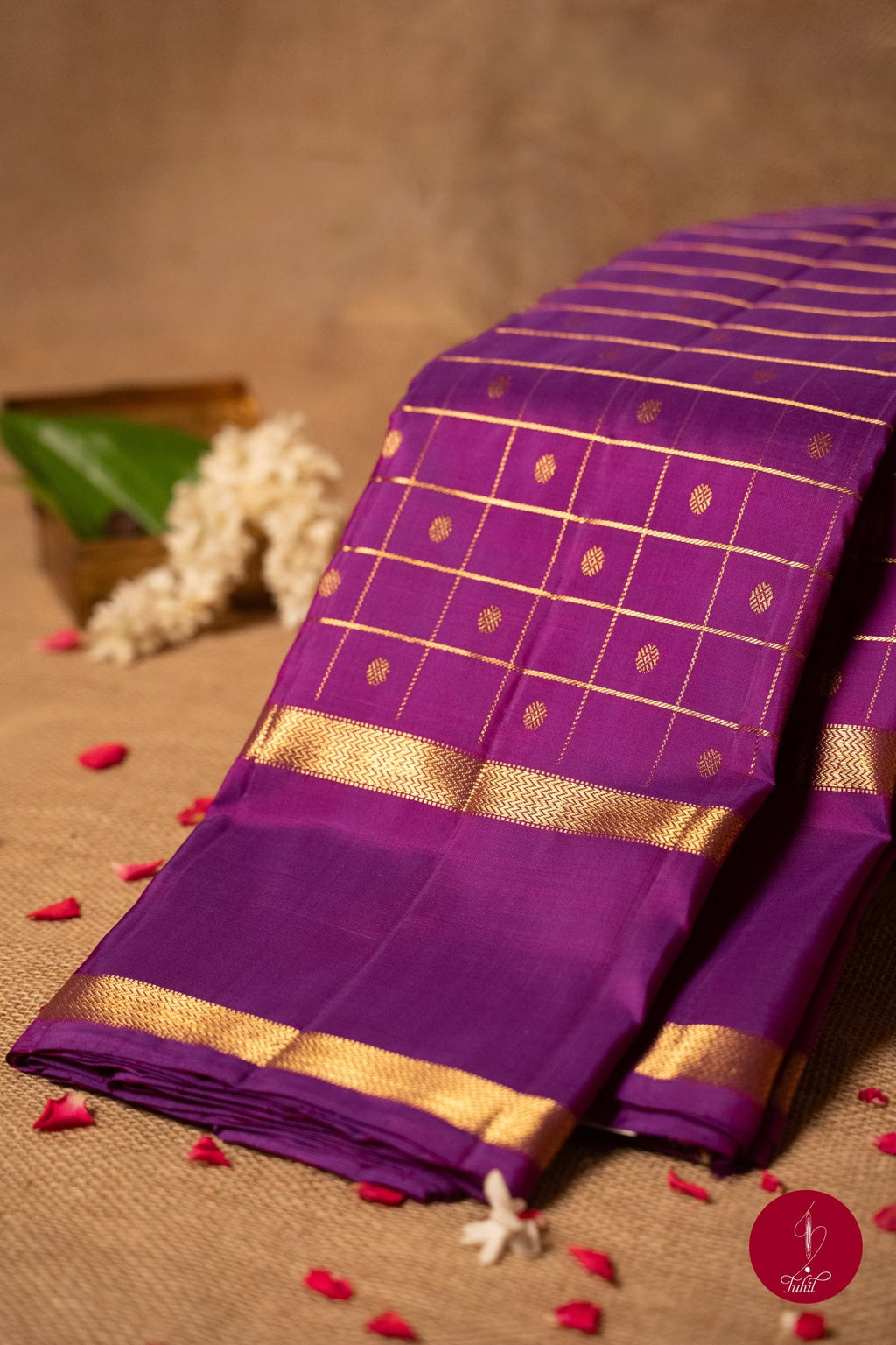 Pure Silk Pure Zari Handloom Kanchipuram Saree - Purple with Gold Rettai Pettu - House of Tuhil