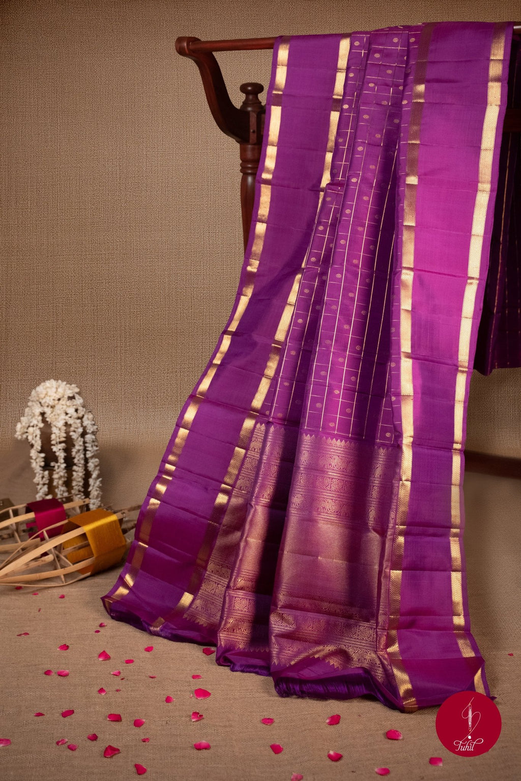 Pure Silk Pure Zari Handloom Kanchipuram Saree - Purple with Gold Rettai Pettu - House of Tuhil