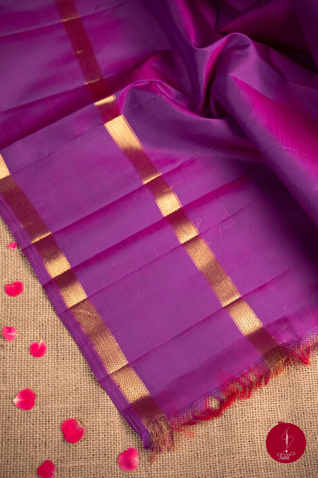 Pure Silk Pure Zari Handloom Kanchipuram Saree - Purple with Gold Rettai Pettu - House of Tuhil