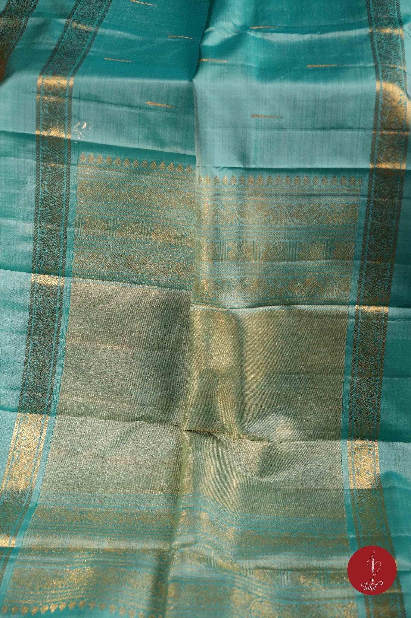 Pure Silk Pure Zari Handloom Kanchipuram Saree - Sky Blue shot with Sage Green - House of Tuhil