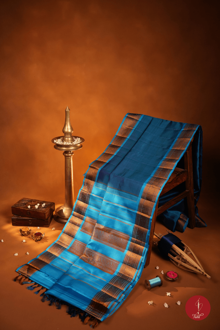 Pure Silk Pure Zari Handloom Kanchipuram Saree - Vintage Blue with Copper Sulphate - House of Tuhil