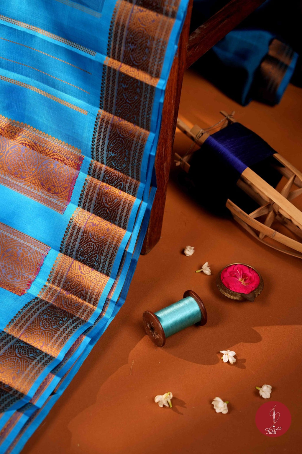 Pure Silk Pure Zari Handloom Kanchipuram Saree - Vintage Blue with Copper Sulphate - House of Tuhil