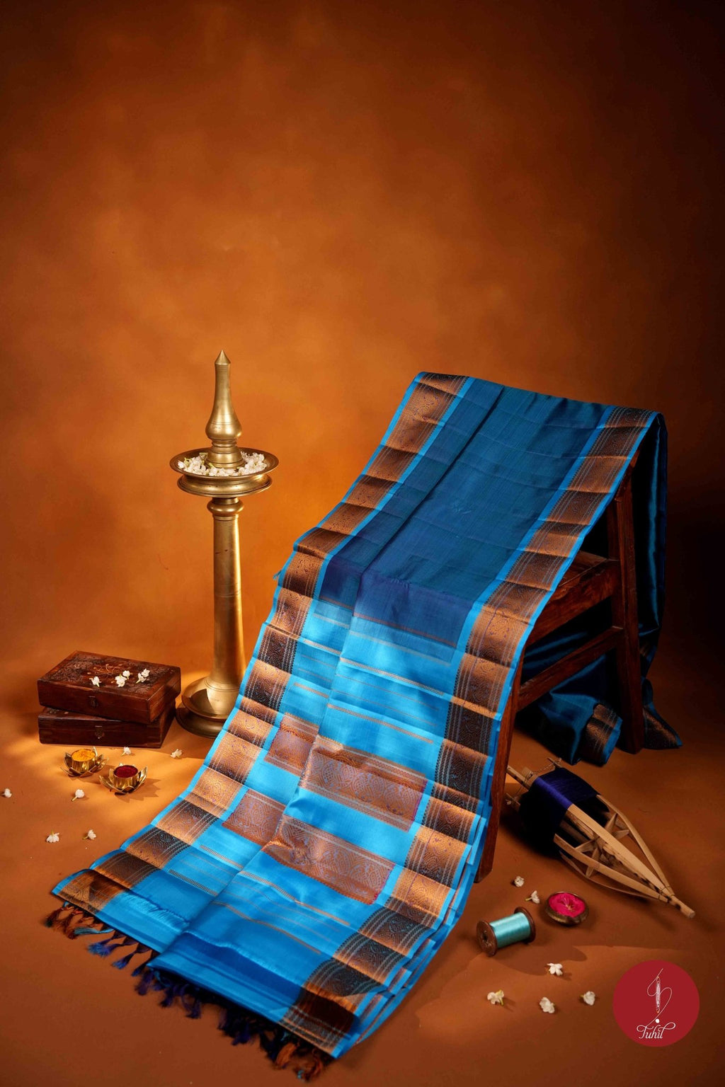 Pure Silk Pure Zari Handloom Kanchipuram Saree - Vintage Blue with Copper Sulphate - House of Tuhil