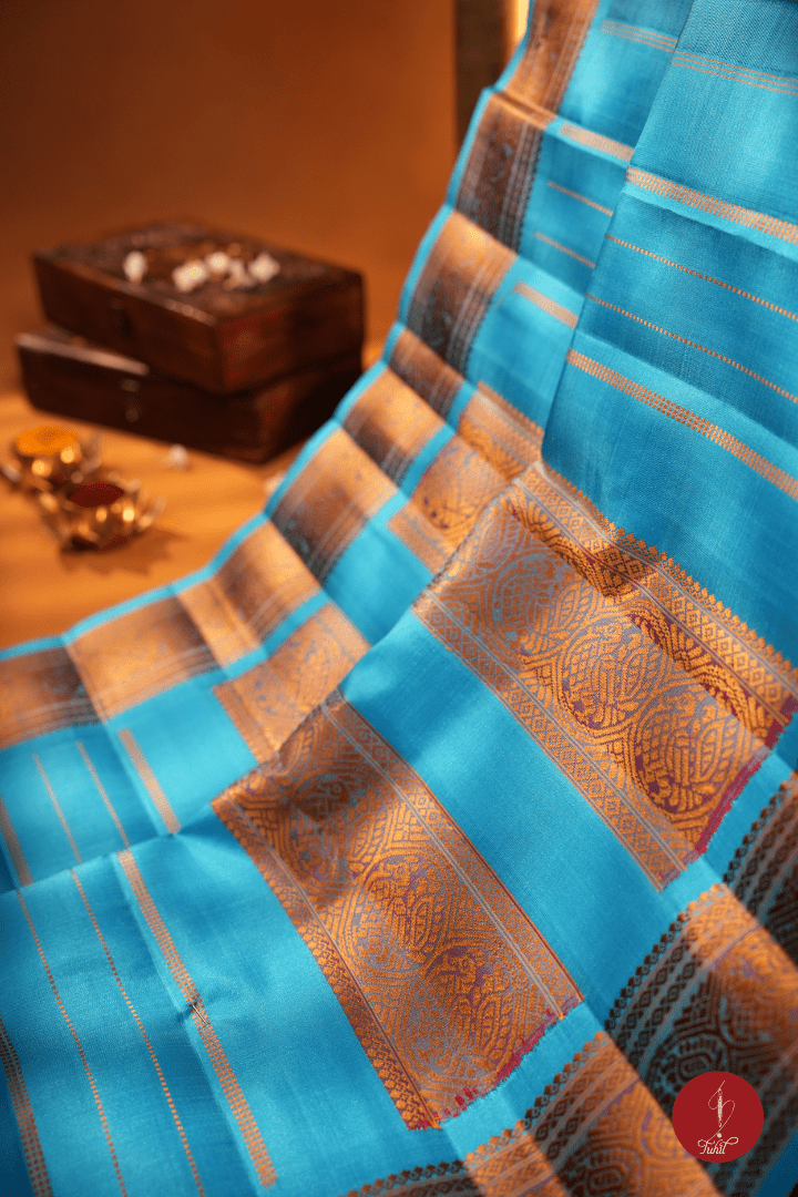 Pure Silk Pure Zari Handloom Kanchipuram Saree - Vintage Blue with Copper Sulphate - House of Tuhil
