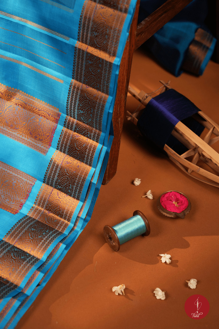 Pure Silk Pure Zari Handloom Kanchipuram Saree - Vintage Blue with Copper Sulphate - House of Tuhil