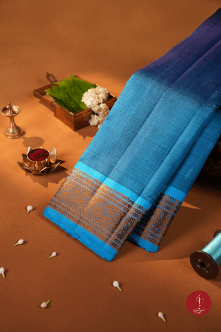Pure Silk Pure Zari Handloom Kanchipuram Saree - Vintage Blue with Copper Sulphate - House of Tuhil