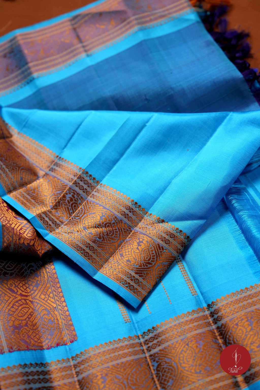 Pure Silk Pure Zari Handloom Kanchipuram Saree - Vintage Blue with Copper Sulphate - House of Tuhil