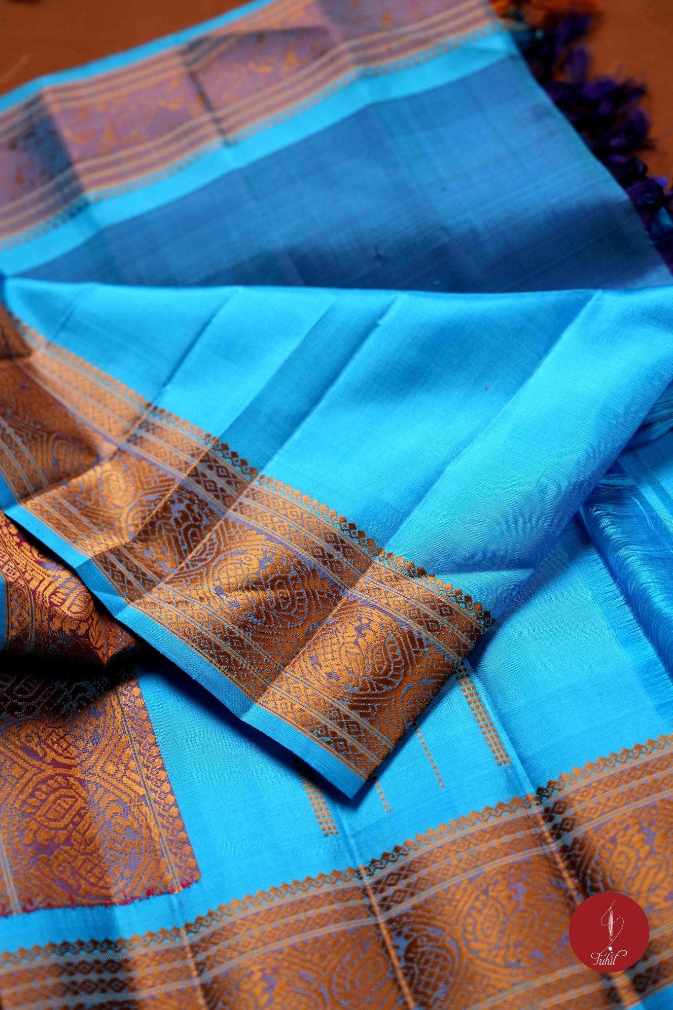 Pure Silk Pure Zari Handloom Kanchipuram Saree - Vintage Blue with Copper Sulphate - House of Tuhil