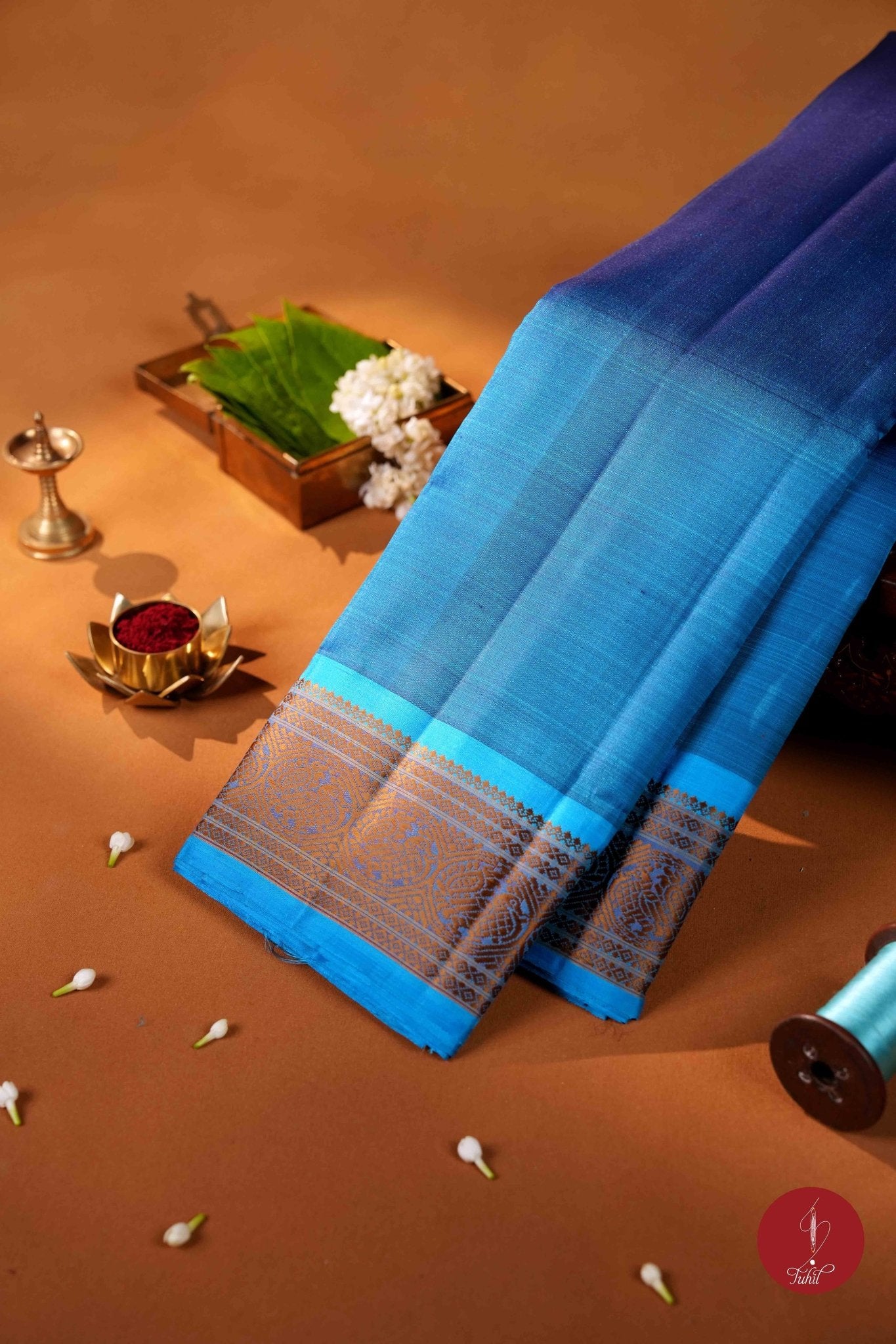 Pure Silk Pure Zari Handloom Kanchipuram Saree - Vintage Blue with Copper Sulphate - House of Tuhil